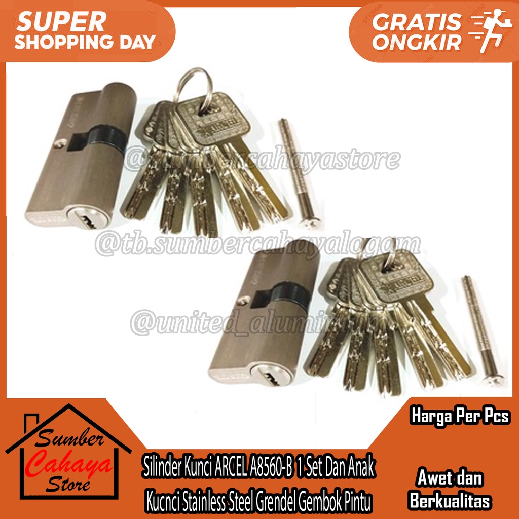 Silinder Kunci ARCEL A8560-B  1 Set Dan Anak Kucnci Stainless Steel Grendel Gembok Pintu Komputer Ke