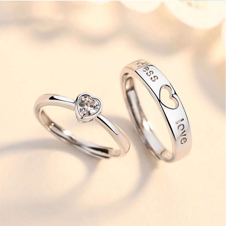 Cincin Model Terbuka Adjustable Desain Hati Hollow Bahan 925 Silver Plated Untuk Pasangan