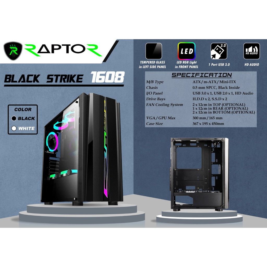 Casing Gaming Raptor 1608 Black With LED Strip RGB - Casing Gaming