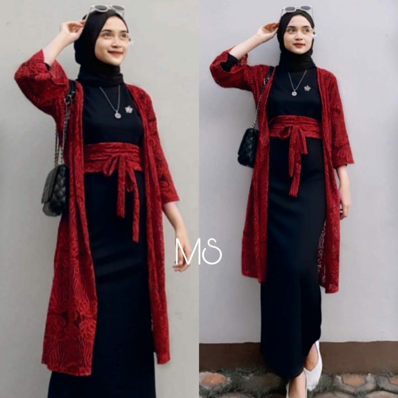 SET CARDI FADRELLA FASHION PAKAIAN WANITA 2IN1 DRESS MAXY DAN CARDI BRUKAT MS ADA VIDEO REAL PICT