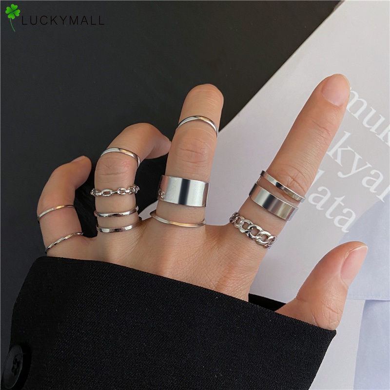 Set Perhiasan Cincin Jari Bentuk Geometris Lurus Warna Emas Perak Gaya Punk Untuk Wanita