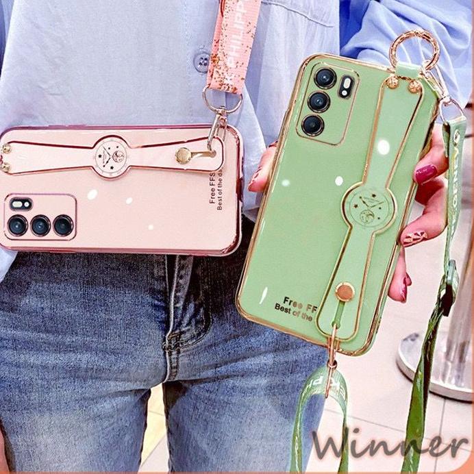 Limited - Case Oppo Reno 6 4G 5G Pro Tali Lanyard Slempang Motif Glossy Plating Ring Standing Fashio