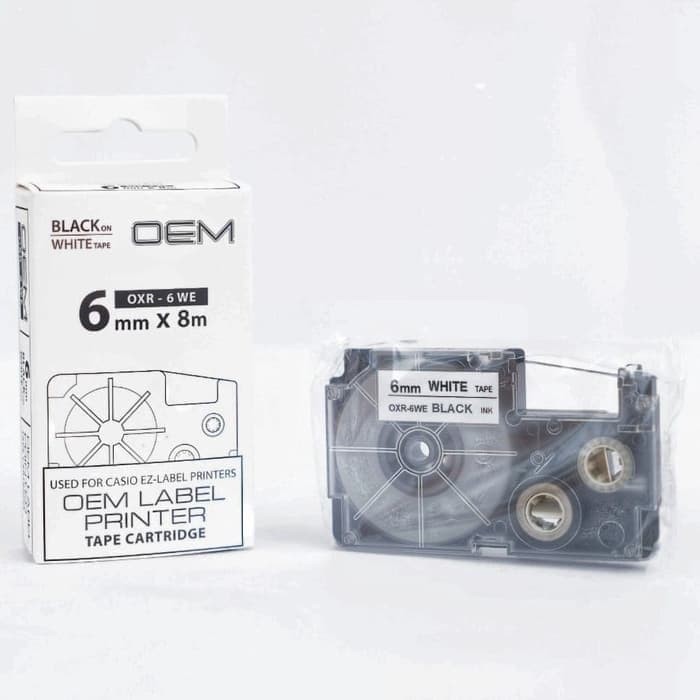 

OEM TAPE EZ LABEL CASIO 6MM BLACK INK WHITE (OXR-6WE)