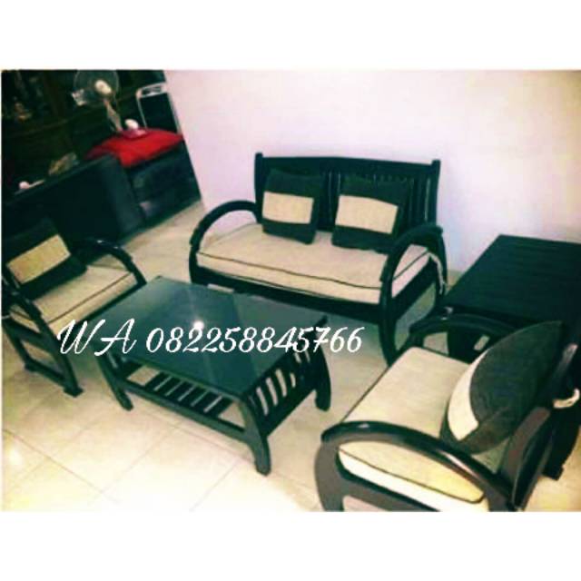 Satu Set Meja Kursi Tamu Kayu Jati, Sofa Kursi Busa Jati Minimalis