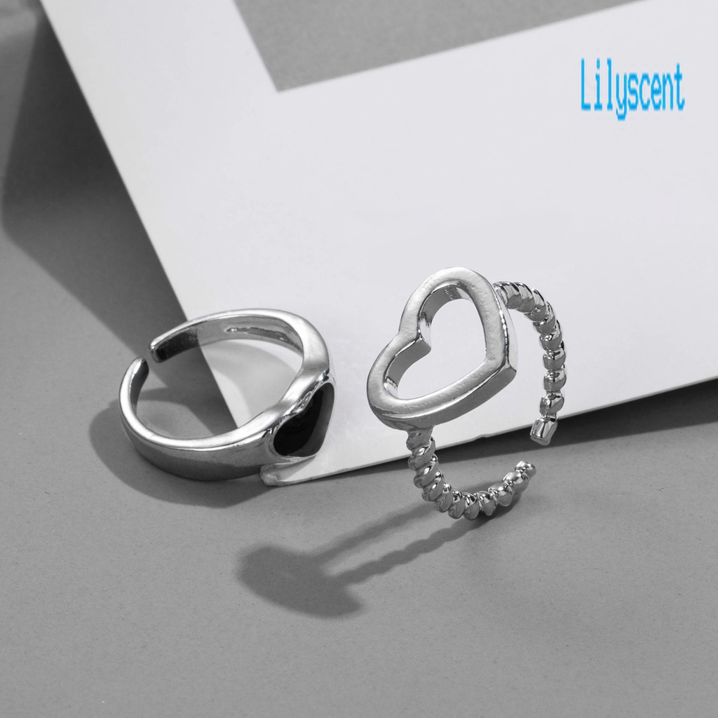 2pcs Cincin Model Terbuka Adjustable Bentuk Hati Hollow Untuk Pasangan