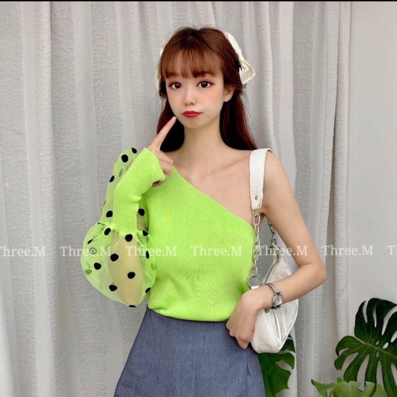 MDLV ~ C577# Polkadot One Shoulder Knit Top Premium Knit Top Atasan rajut Lace Polkadot Atasan Rajut Premium Atasan Rajut Import Fashion Import