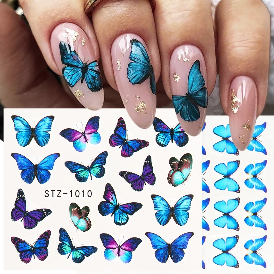 [ 1Pc Watercolor Butterfly   Blue Flowers Nails Stickers Art Decorations Nail Makeup Tools for Girls ]