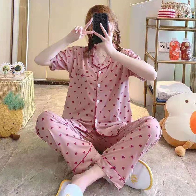 Piyama Baju Tidur Wanita Import Fashion Karakter CP Kerah Kemeja Lengan Pendek Celana Panjang-7401