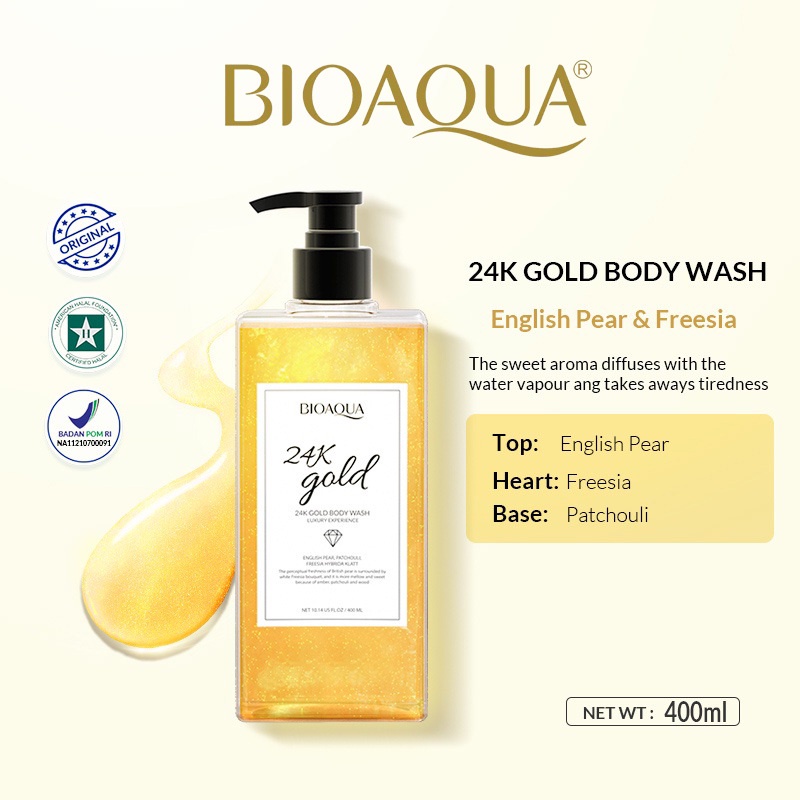 [BPOM] BIOAQUA 24K Gold Body Wash 400ml English Pear  Freesia Lasting Fragrance Shower Gel Sabun Mandi Cair Botol