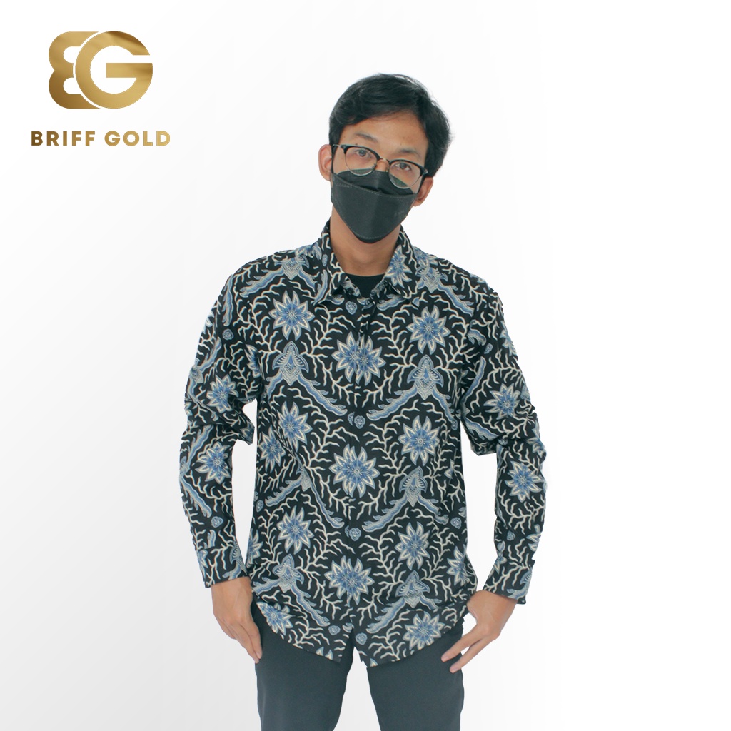 Kemeja Batik Pria Biru Akar Bunga Lengan Panjang