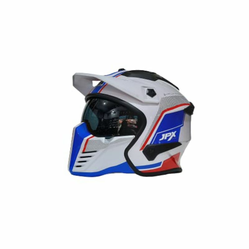 Helm JPX MX 726-R Motif MX01 Putih/Biru/Merah HalfFace FullFace