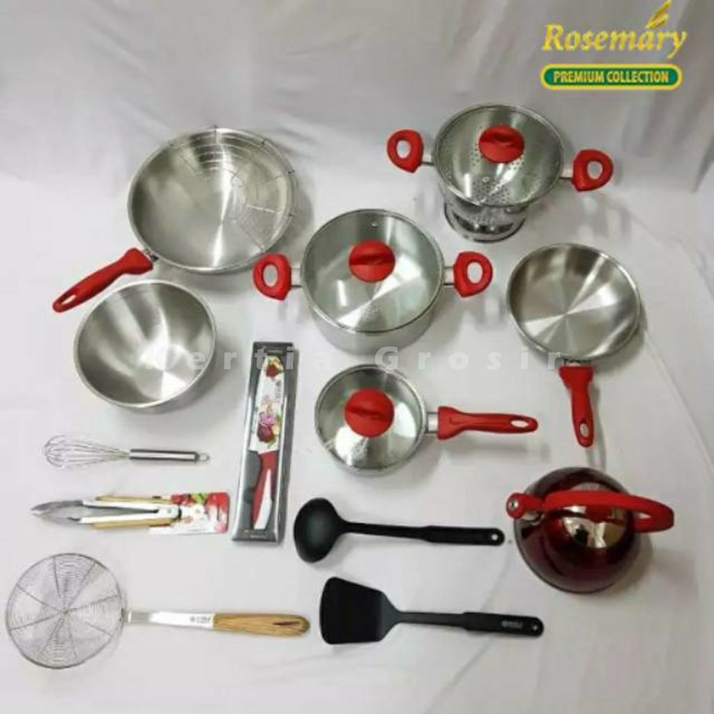 Panci set 18 pcs supra piece rosemary stainless stell warna merah lengkap dengan tempat nasi