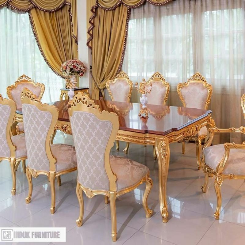 SET MEJA MAKAN GOLD UKIR MEWAH 8 KURSI.MEJA MAKAN FULL UKIR CUSTOM
