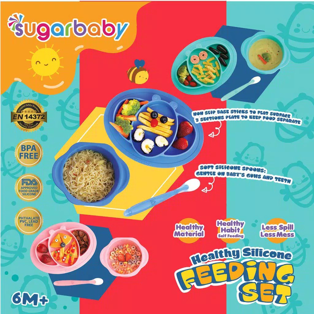 SUGARBABY PIRING MANGKOK MANGKUK DAN SENDOK GARPU Feeding set makan bayi sugar baby piring set mangkok silikon sugarbaby 4 in1 healthy silicone