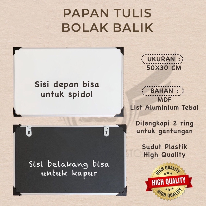 

Whiteboard / Papan Tulis Gantung Spidol dan Kapur Dua Sisi Ukuran (40x60) (50x70) / Papan Tulis Besar