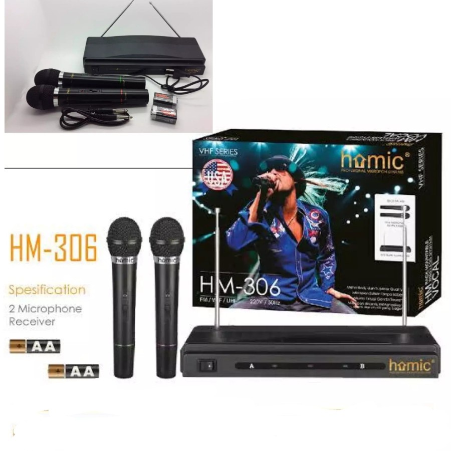 HOMIC HM-306 Mic Wireless Tanpa Kabel Mikrofon Karaoke Double 2 Pcs Original