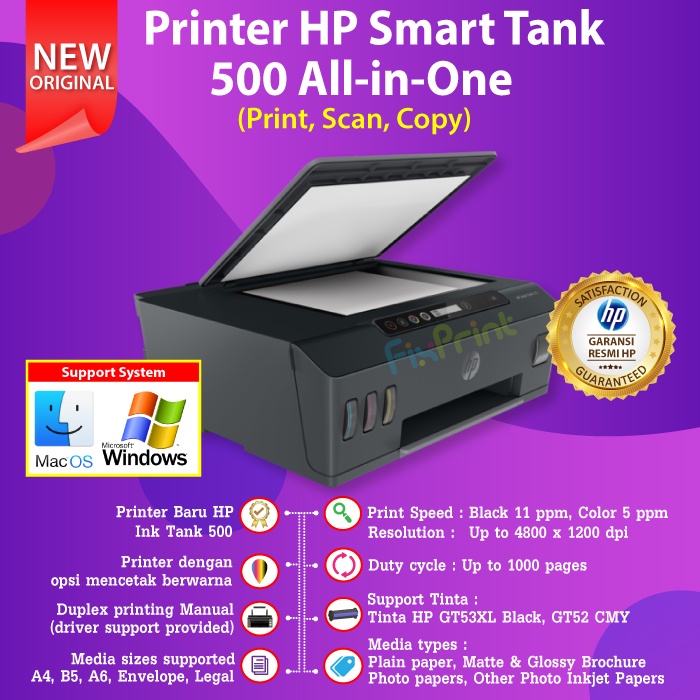 Printer HP Smart Tank 500 Print Scan Copy 4SR29A Tinta HP GT53 GT52