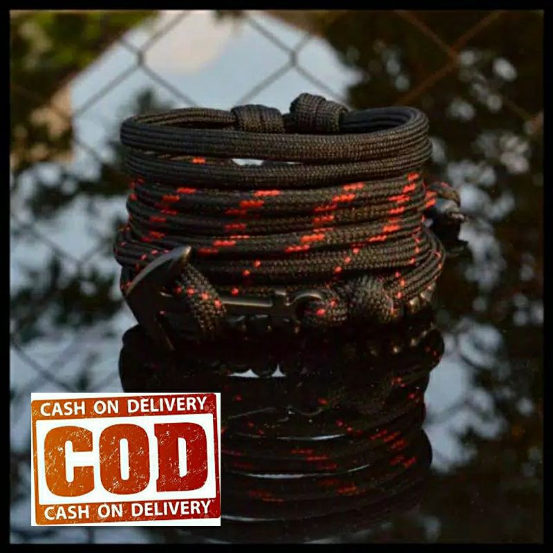 GELANG PRIA WANITA TALI PRUSIK PARACORD MERAH MOTIF HITAM / GELANG KEREN / GELANG COUPLE