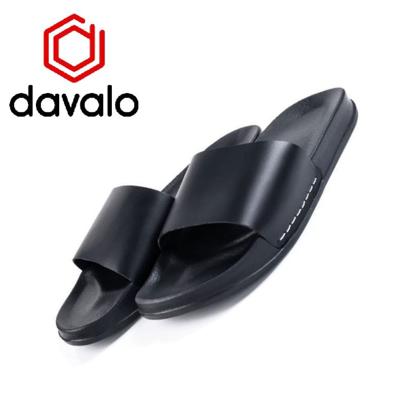 davalo Sandal Slide flip flop slip on Sendal selop slop pria ringan kulit sapi asli handmade Cibaduyut HITAM