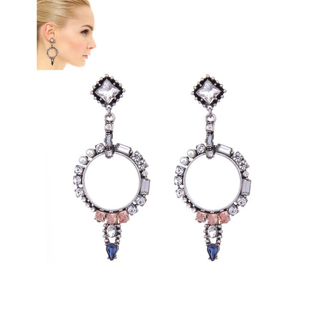 LRC Anting Tusuk Fashion Multi-color Diamond Decorated Hollow Out Design Color Matching Earrings