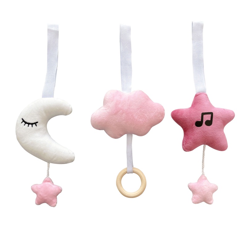 Mary 3pcs / Set Mainan Rattle Gantung Bentuk Bintang / Bulan / Awan Bahan Kayu Untuk Stroller Bayi