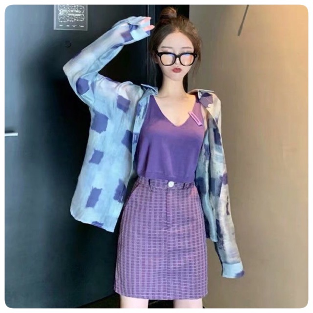 ATASAN WANITA KEMEJA SIFON BIG SIZE / JUMBO BIRU KOTAK