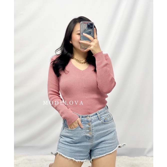 MDLV ~ VNECK RAJUT LENGAN PANJANG BAJU RAJUT TOP RAJUT ATASAN RAJUT LENGAN PANJANG PAKAIAN RAJUT BLOUSE RAJUT FASHION WANITA