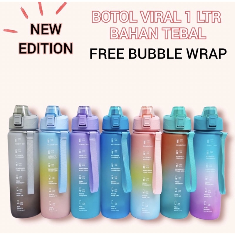Botol Minum Motivasi 1 Liter Gradasi Pastel Kekinian Warna Hitam cowok Hits Viral Tiktok Pengingat W