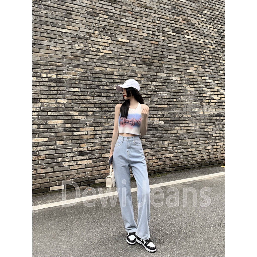 L.A.Outlet J53 Celana Jeans Wanita Celana Wanita Berkobar HW Pinggang Tinggi Celana Skinny Biru Muda   Jeans Impor Gaya Korea Musim Panas Segar