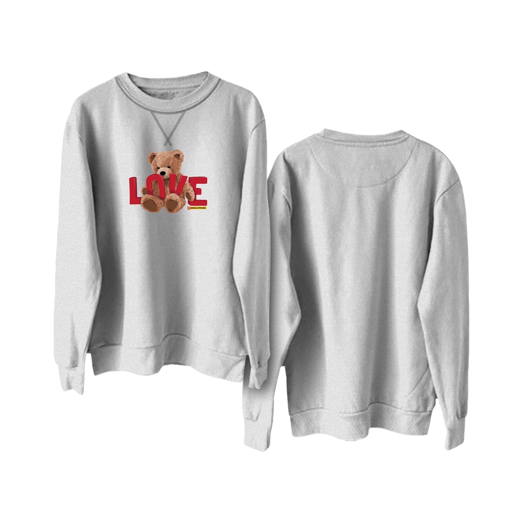 BRIGO Basic Sweatshirt Beruang Love II Sweater Crewneck BRIGO Sablon DTF Fleece Cotton M-XXL (Pria &amp; Wanita) Free stiker&amp;Gantungan Kunci