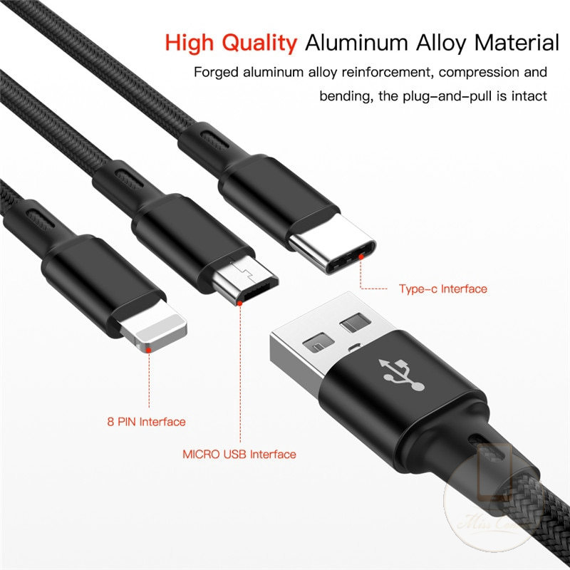 Kabel Data / Charger Micro Usb / Type C 3in1 Fast Charging Panjang 1.2m Untuk Iphone