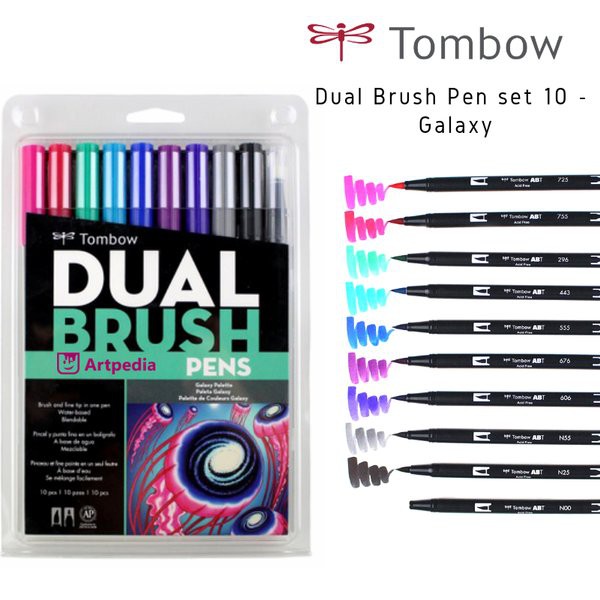 

Tombow Dual Brush Pen Set with Blender - Galaxy Palette Pack of 10 - Tombow ABT Brush Pen Set 10