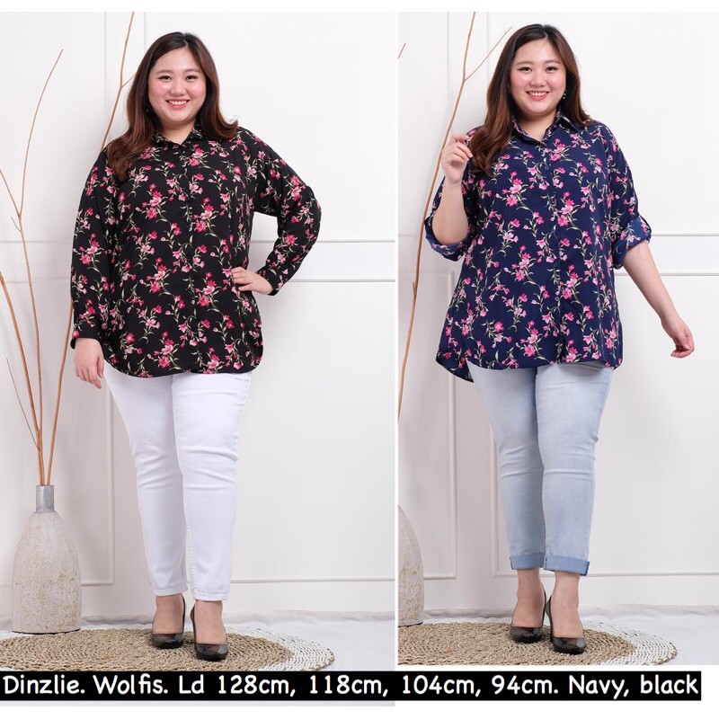 Dinzlie kemeja wanita bahan wolfis motif kembang bunga ukuran LD 94cm dan LD 104cm