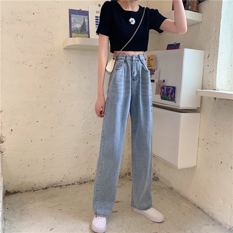 XIAOZHAINV Korean Celana Panjang Wanita High Loose Jeans