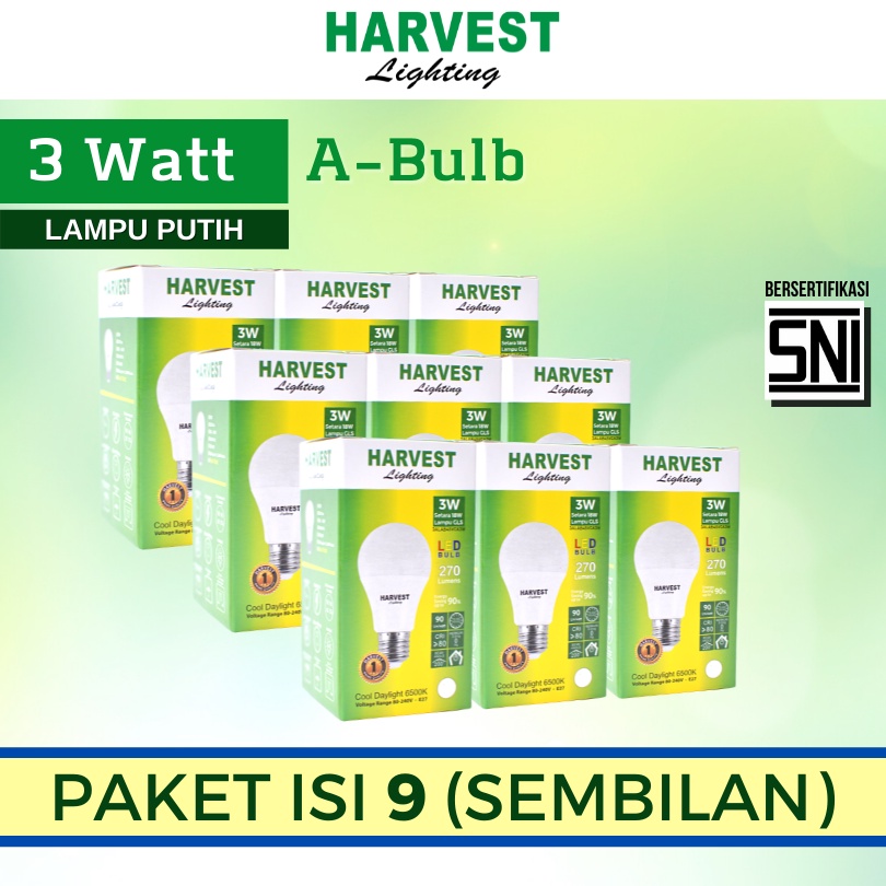 3W - Paket Isi 9 - HARVEST LIGHTING Lampu Bohlam LED A Bulb  3 Watt Lampu Hemat Energi Original Bersertifikasi SNI dan Bergaransi