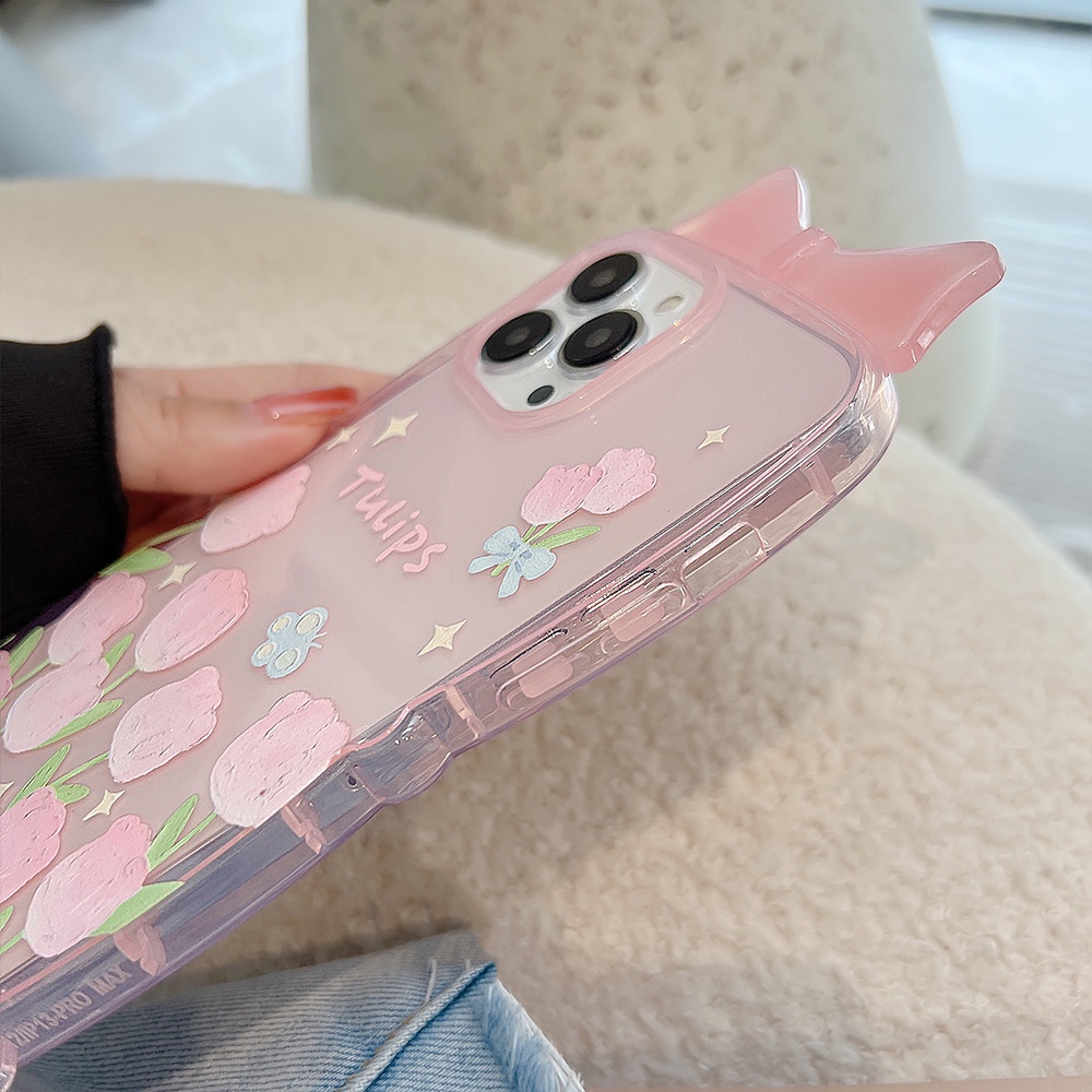 Case Pelindung Desain Tulip Pink Transparan Dengan Pita 3D Untuk Iphone X XR XS 11 12 13 14 PLUS PRO MAX