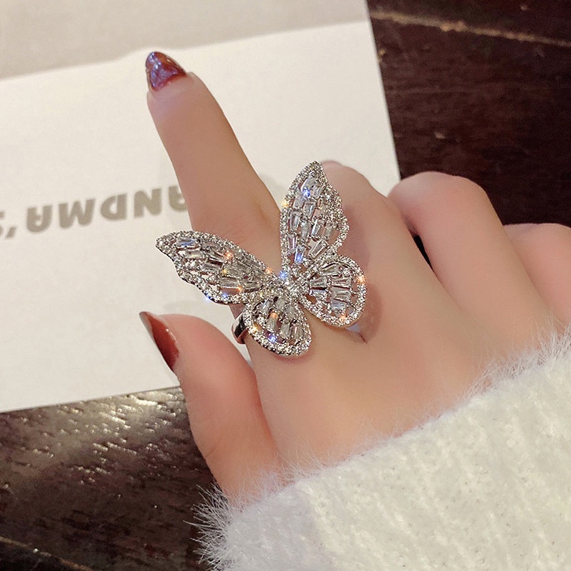 Cincin Jari Telunjuk Model Terbuka Desain Kupu-Kupu Aksen Zirkon Gaya Korea