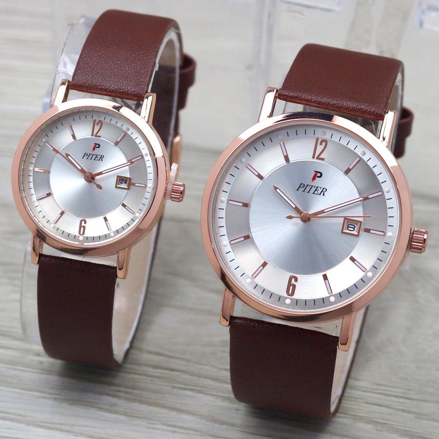 Jam Tangan Couple Pasangan Wanita&Pria Piter Original Fitur Analog Strap Kulit Free BOX