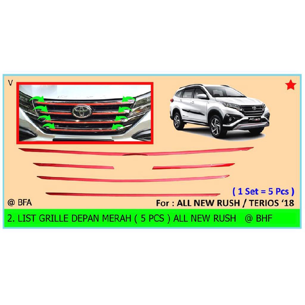 List Grill Bumper Depan All New Rush Terios 2018 2021 2022 2023 GR SPORT 5pcs Chrome Hitam Merah