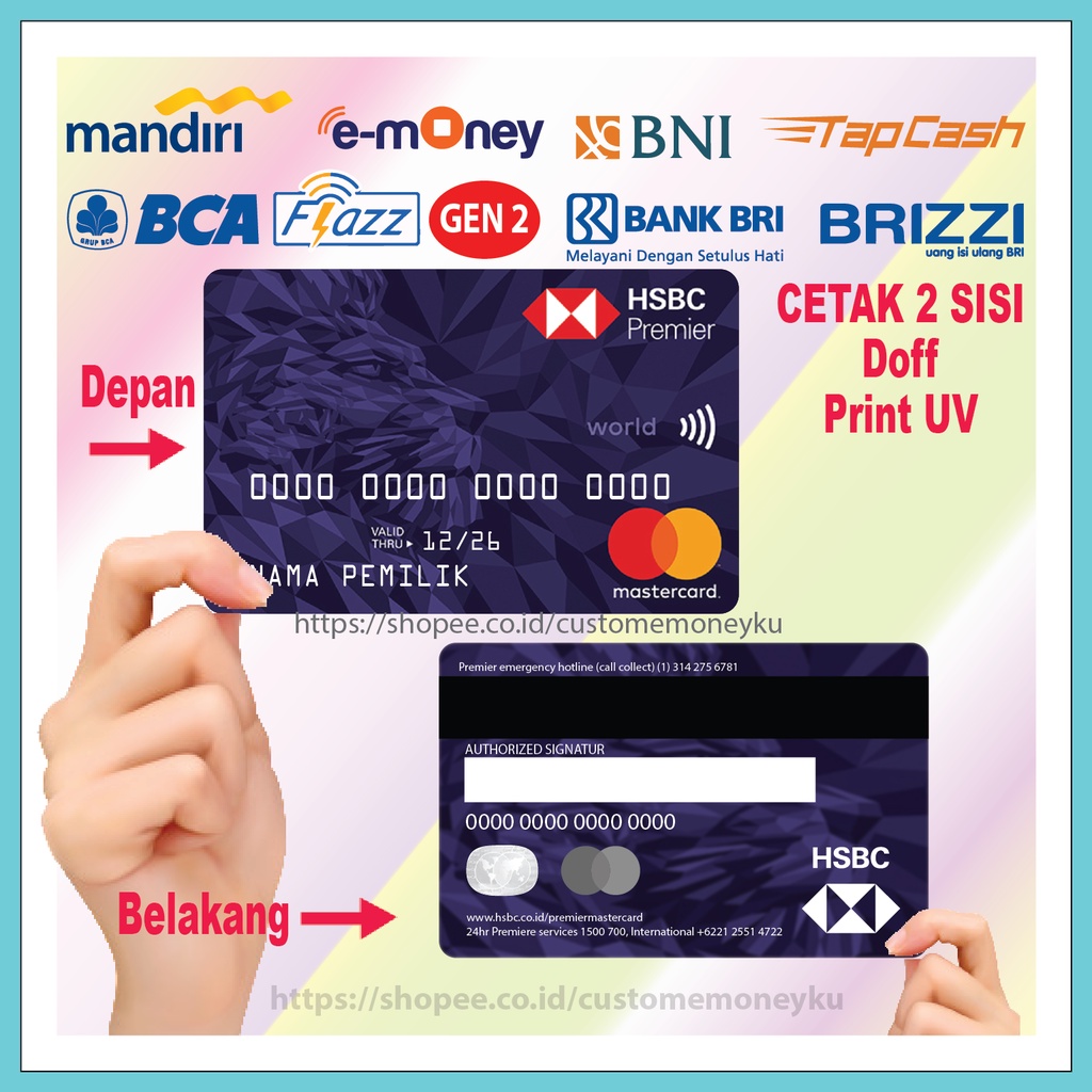 KARTU EMONEY CUSTOM NAMA DESIGN HSBC UNGU CARD E-MONEY MANDIRI FLAZZ BCA GEN 2 TAPCASH BRIZZI 2 SISI