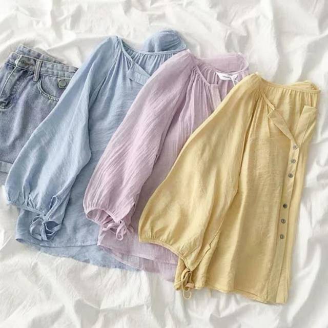 MINA BLOUSE - Blouse Wanita Crinkle - Atasan Muslimah - Lengan Balon - Blouse Korean Style - Baju Te