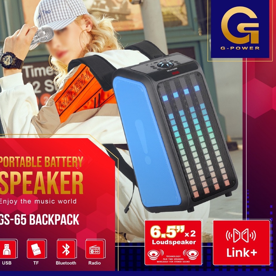 GPOWER Speaker Bluetooth GS-65 BACKPACK FREE MIC Karaoke Super Bass Speaker Aktif Portable Termurah