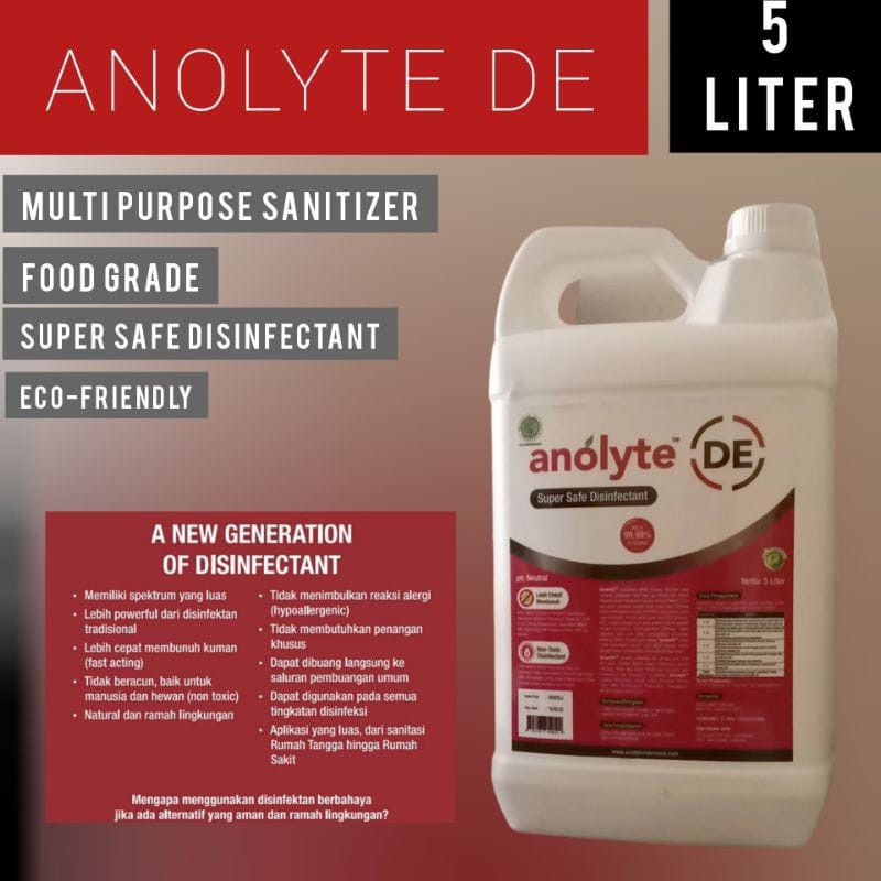 Anolyte DE Jerigen 5 liter AIRBORNE DISINFECTANT. FOOD GRADE Non Alkohol Halal MUI HOCI Aman