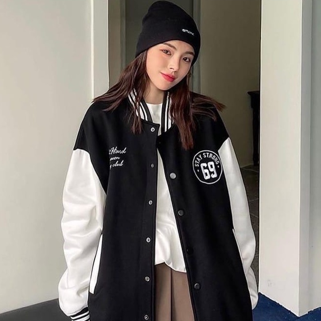 Jaket Baseball Varsity - Model 69 Stay Strong - Pakaian Wanita dan Pria - Bahan Fleece - Allsize