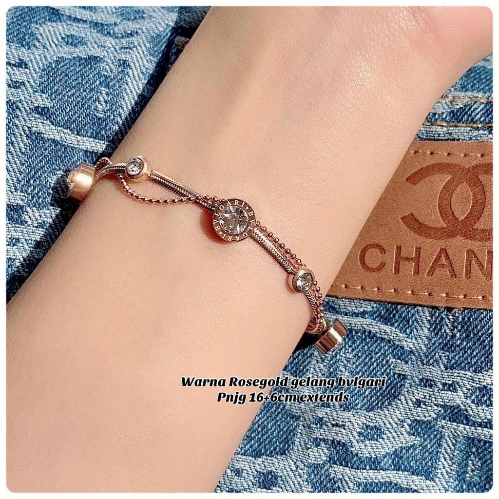 gelang tangan wanita / cewek rosegold model mata tanam titanium asli anti karat