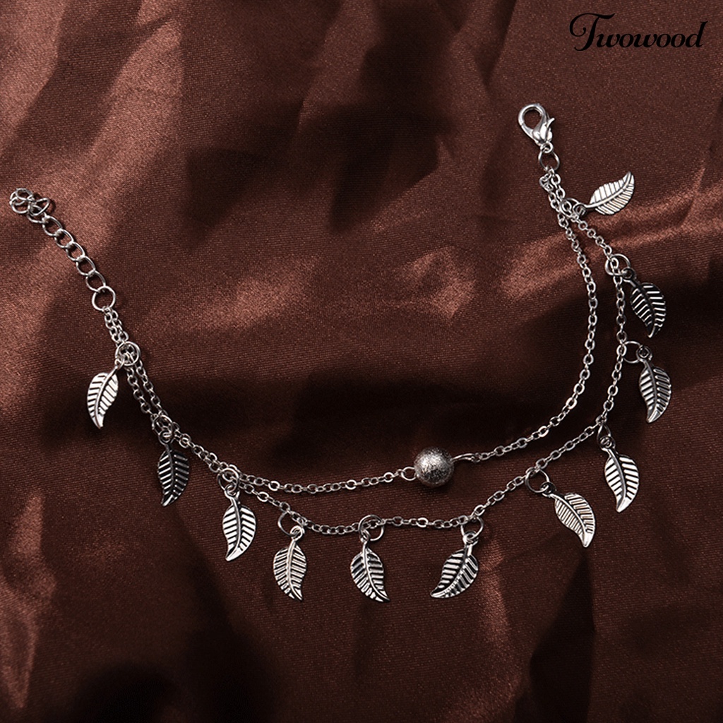 Gelang Kaki Rantai Dua Lapis Dengan Liontin Daun Dapat Disesuaikan Tahan Lama Untuk Wanita