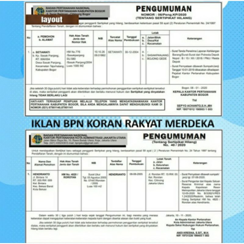 IKLAN BPN KORAN RAKYAT MERDEKA