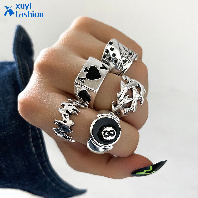 5 pcs/Set Punk Cincin Set Wanita Gothic Cincin Hip Hop Fashion Pria netral Perhiasan