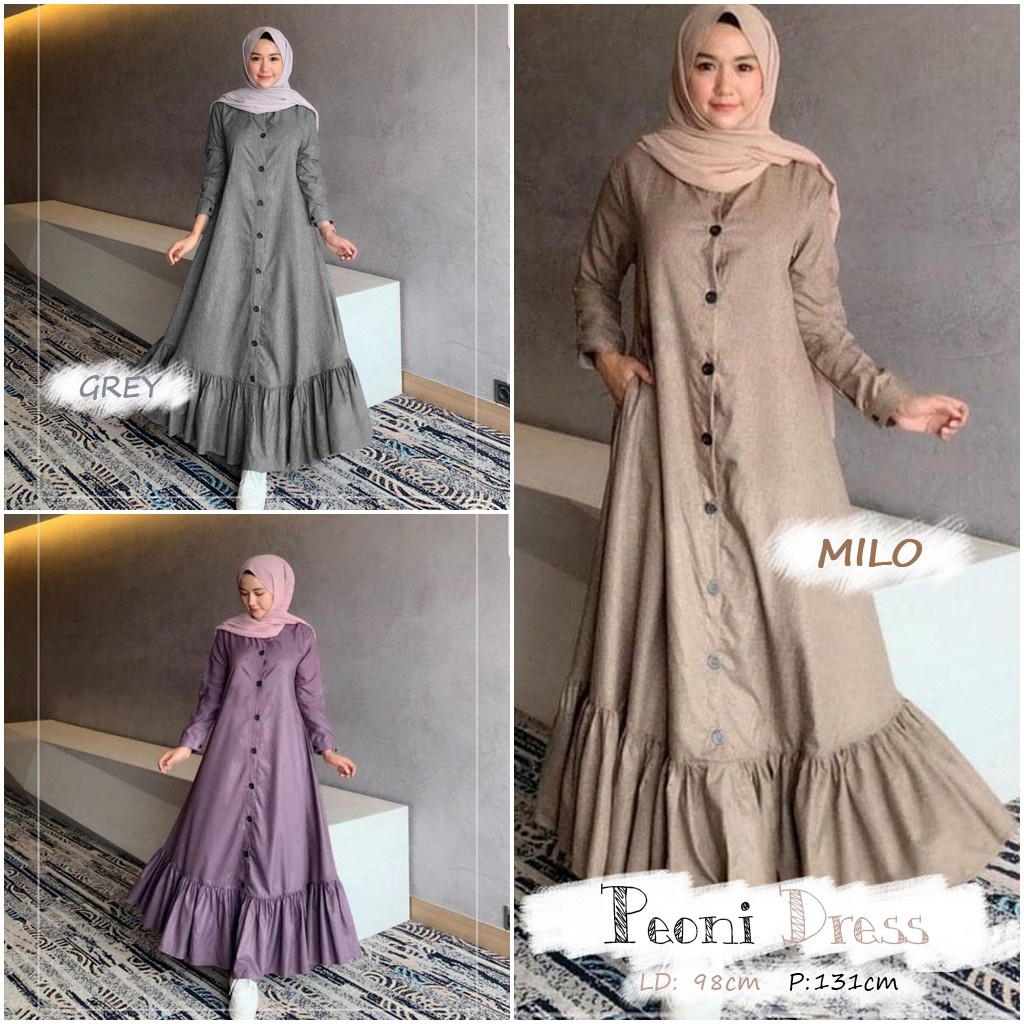 MRA - Peoni Dress Fashion Muslim Gamis Dress Moscrepe Rempel Serut Pakaian Wanita Murah