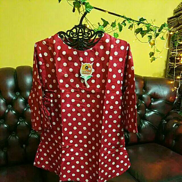 Blus Lonceng Polkadot Merah Seragam Atasan Motif